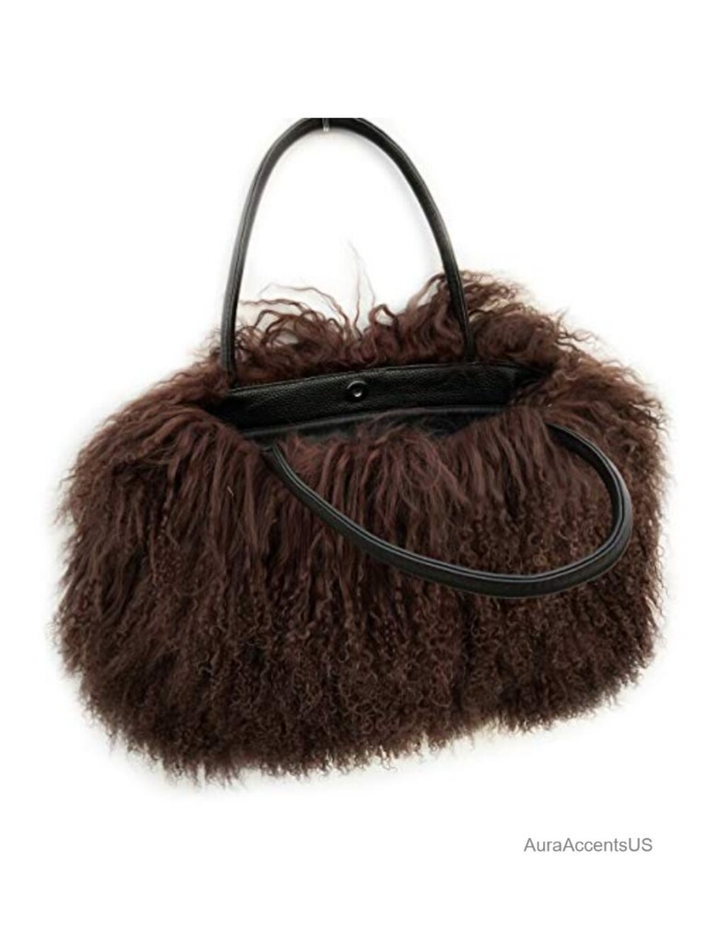 Real Mongolian Lamb Fur Purse Genuine Leather Handle Button Close Tote